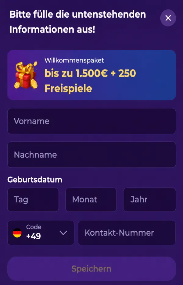 Registrierungsformular Gambloria Casino mit Willkommenspaket